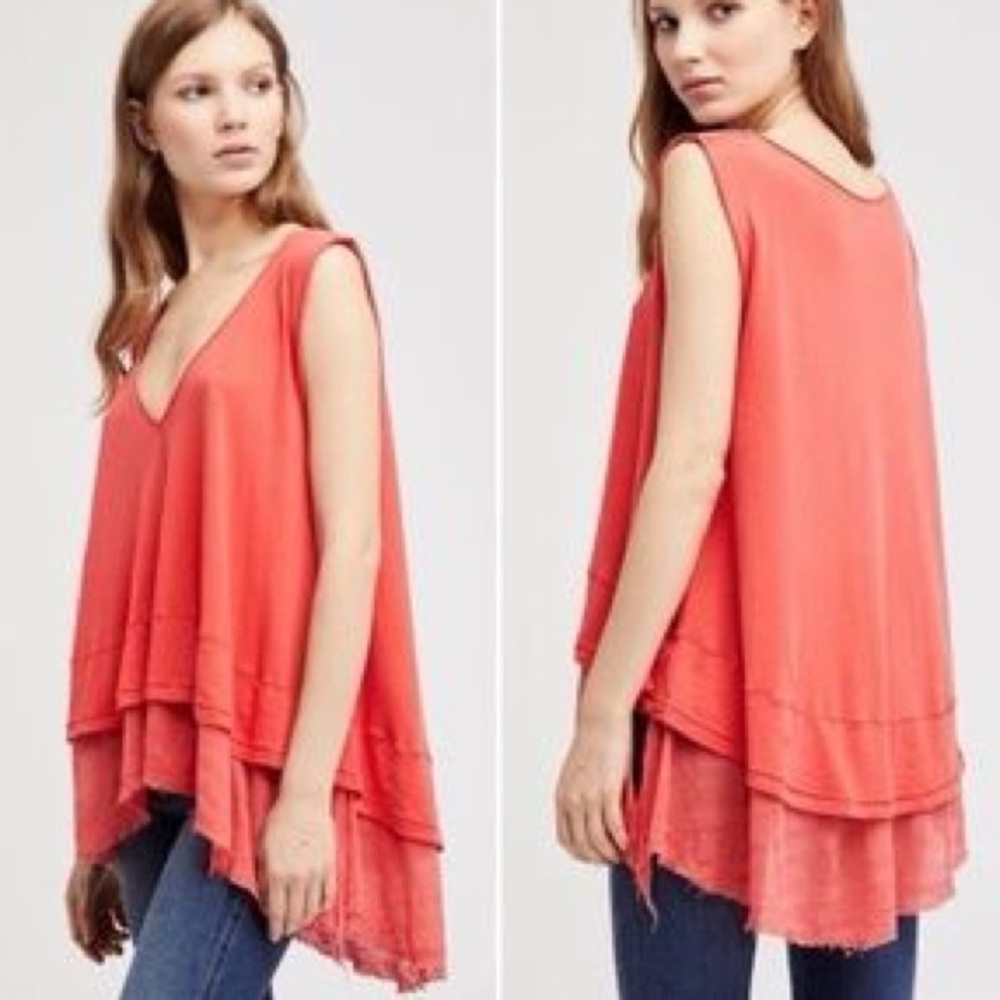 FREE PEOPLE Womens Hot Coral Layered Sleeveless Trapeze Top